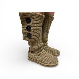 UGG Australia Cardy Knit Button Tall Fold Over Brown Tan Sweater Boot - Size 7